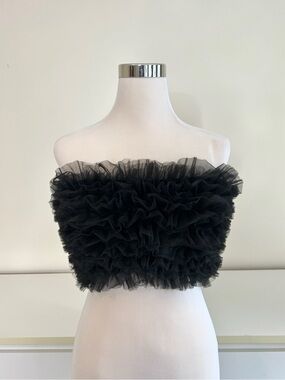 ZARA BLACK RUFFLE TULLE STRAPLESS CROP TOP – SIZE S – NWT